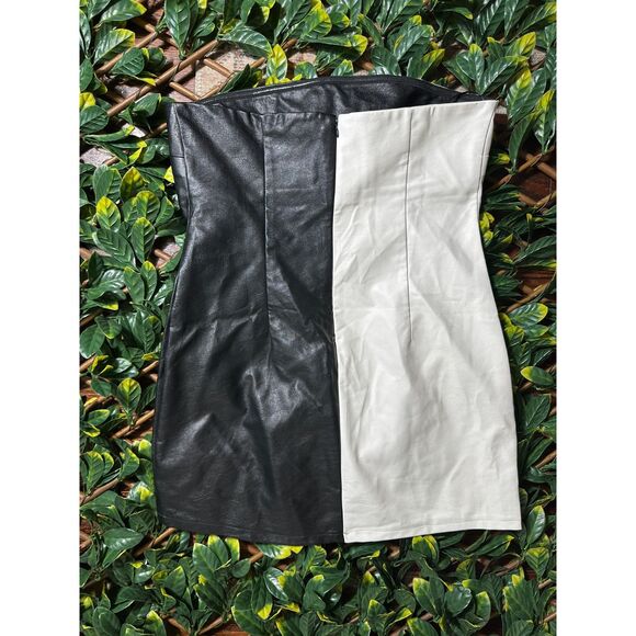 Molly Green Strapless Black White Ying Yang Faux Leather Mini Dress Size L NWT - Picture 3 of 6